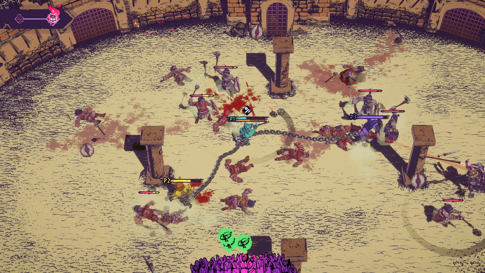 Chained Beasts fighters linked by chains face enemies around the arena’s pillars.