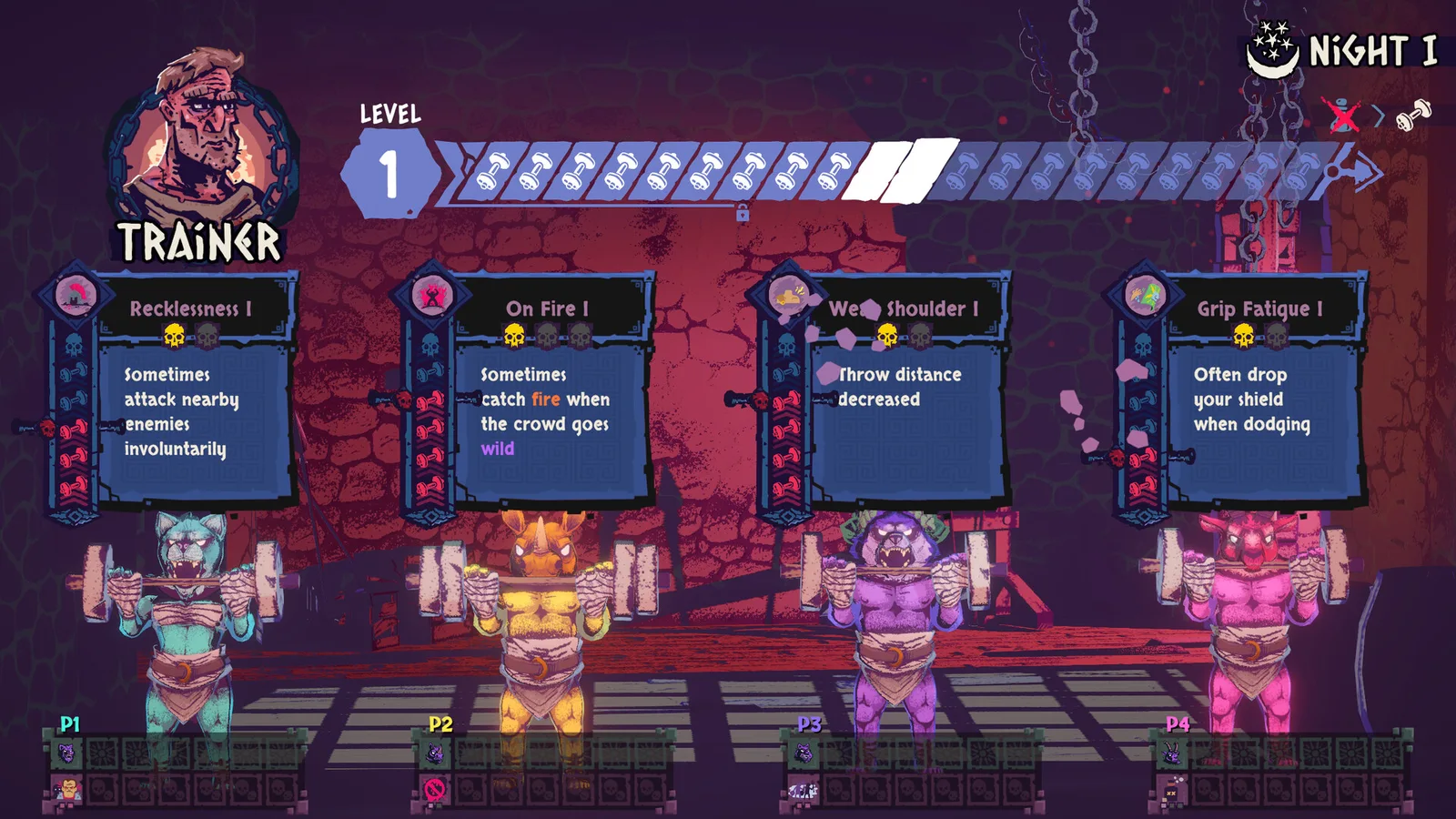 Chained Beasts between-round choice screen shows four different affliction cards.